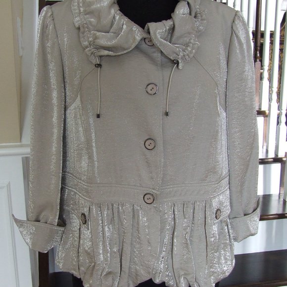 Elegant Beige Metallic Peplum Jacket Blazer L - Picture 1 of 8